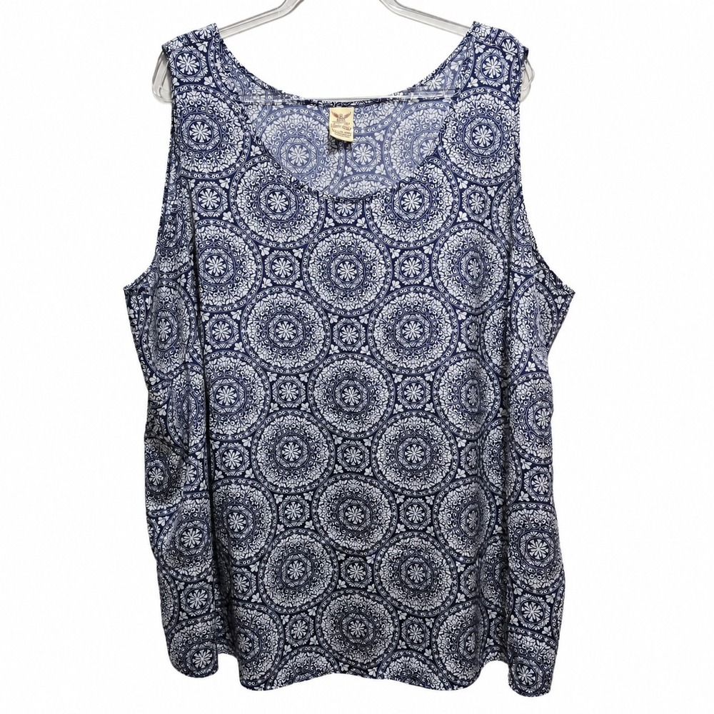 Faded Glory Women's 4X 26W-28W Blue White Medallion Sleeveless Blouse Top Boho